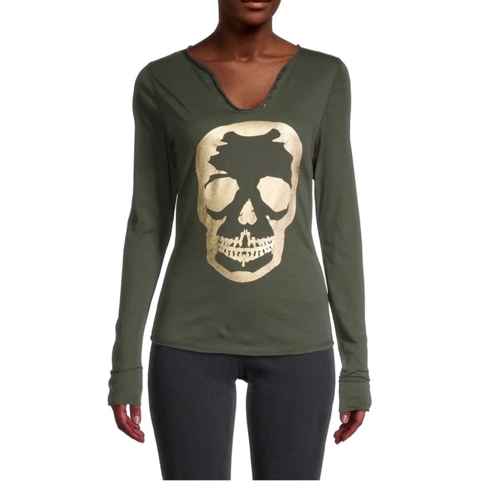 NWT Zadig & Voltaire Tunisien Foil Skull Graphic Henley - dark green Size M